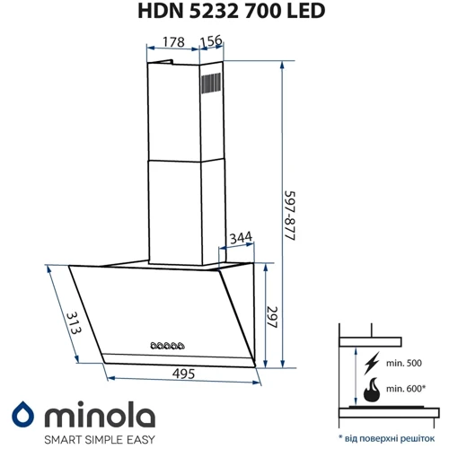 Витяжка Minola HDN 5232 WH/INOX 700 LED: Тип фільтра повітря Рециркуляція, Відведення