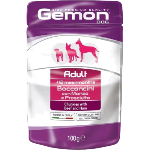 Вологий корм Gemon Dog Wet Adult для собак шматочки з яловичиною та шинкою 100 г (70300605)