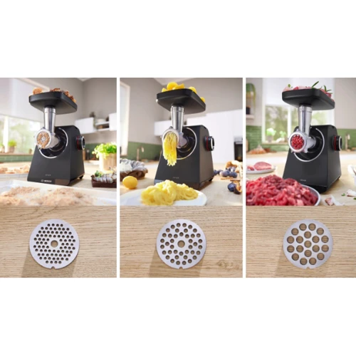 Мясорубка Bosch Series 4 MFWS430B: Дополнительные возможности Прорезиненные ножки, функция Реверс, Щетка для очистки, защита от перегрева