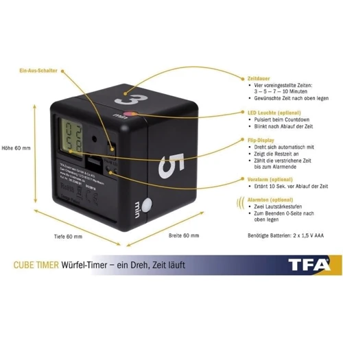 Таймер-куб TFA Cube-timer цифровий чорний 3/5/7/10 хвилин (38204001): Матеріал Пластик