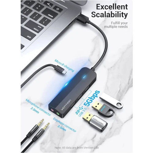 Адаптер Vention Adapter USB to 3хUSB3.0+2х3.5mm Black (CHIBF): Интерфейс подключения USB 2.0
