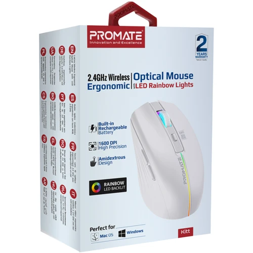 Мышь Promate Kitt Wireless White (kitt.white): Интерфейс подключения Bluetooth, Wireless