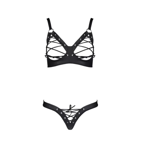 Комплект из экокожи Celine Bikini 6XL/7XL — Passion: открытый бра с лентами, стринги со шнуровкой