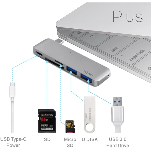 Адаптер WIWU Adapter C1 Plus USB-C to USB-C+SD+2xUSB3.0 HUB Gold (6957815503797) фото 4