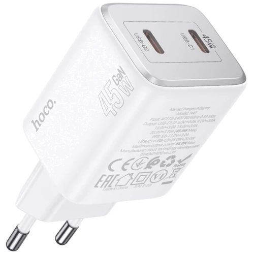 Зарядное устройство Hoco Wall Charger N42 Elogiado 2xUSB-C 45W White with USB-C to Lightning Cable