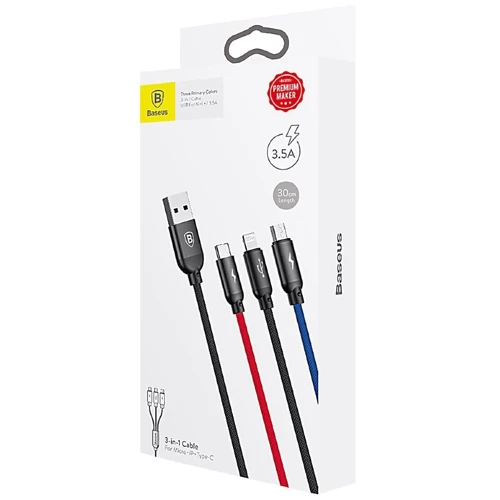 Кабель Baseus USB Cable to Lightning/microUSB/USB-C Three Primary Colors 30сm Black (CAMLT-ASY01) фото 11
