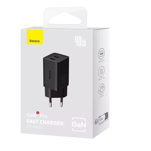 Зарядний пристрій Baseus Wall Charger 2xUSB-C GaN5 Pro 40W Black (CCGP180101) фото 6