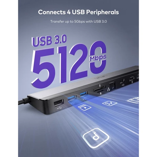 Адаптер VAVA Adapter USB-C to USB-C + 2хUSB3.0 + 2хUSB2.0 + RJ45 + 2xHDMI + 3.5mm + SD 85W Grey (VA-DK004) фото 7
