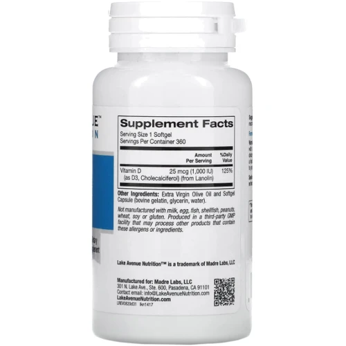 Lake Avenue Nutrition Vitamin D3 Витамин Д3 1000 МЕ 360 мягких желатиновых капсул: Тип Витамин D