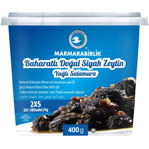 Маслини MARMARABIRLIK чорні в'ялені зі спеціями Çeşnılı Siyah Zeytin 2XS 400 г (8690103291386)