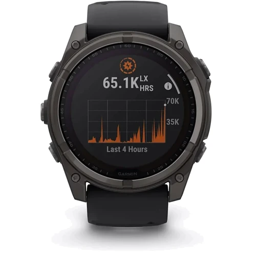 Смарт-часы Garmin Fenix 8 Solar 51mm Sapphire Carbon Grey DLC Titanium with Black/Pebble Grey Silicone Band (010-02907-11): Дисплей 1.4" (280x280) / Sapphire Crystal