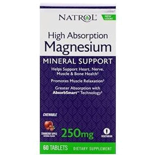 Natrol High Absorption Magnesium 250 mg 60 Tabs Cranberry Apple Flavor Магній, смак яблук і журавлини