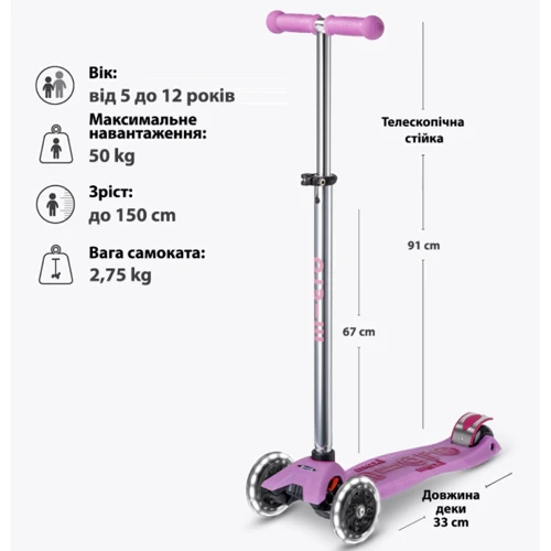 Самокат MICRO серии Maxi Deluxe Glow LED Plus Пурпурный (MMD378): Конструкция рамы цельная