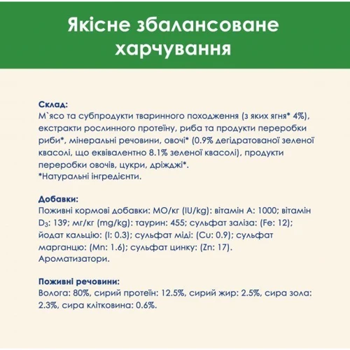 Влажный корм Cat Chow Sterilized для взрослых стерилизованных кошек с ягненком и зеленой фасолью в подливке 5x85 г (7613287459589): Основные ингредиенты Фасоль, Ягненок