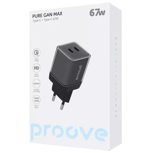 Зарядное устройство Proove Wall Charger 2xUSB-C Pure GaN Max 67W Black (WCPU67022201): Кабель в комплекте отсутствует