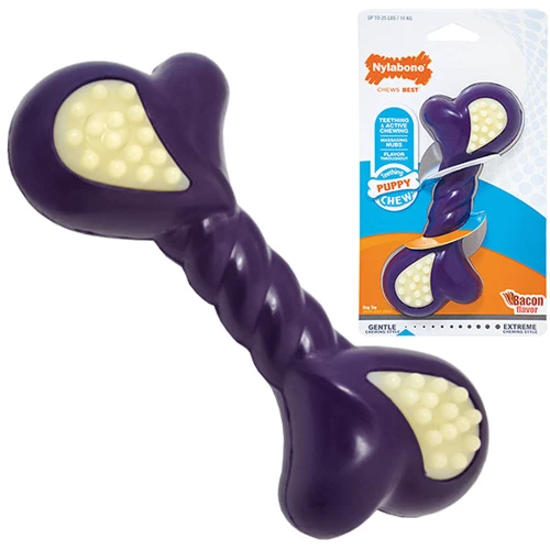 Іграшка Nylabone Puppy Chew Double Action жувальна для цуценят, смак бекону 16x6.5x4 фіолетова (82333)
