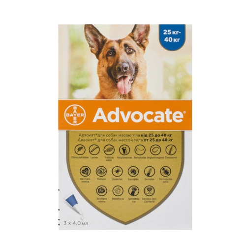 Капли от блох клещей и глистов Bayer/Elanco Advocate для собак весом 25-40 кг 2 пипетки (422)