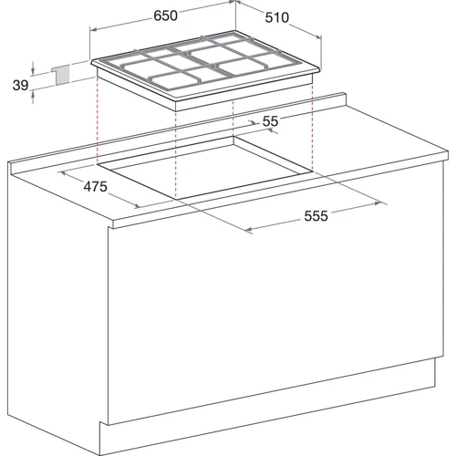 Варильна поверхня газова Hotpoint-Ariston PKL 641 IX/HA: Розміри для вбудовування (ШxГ) 55.5x47.5 см