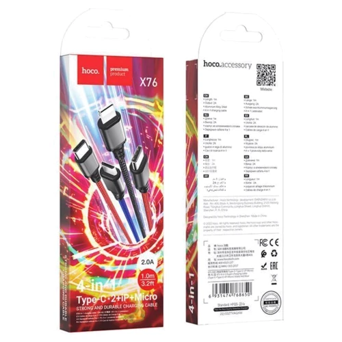 Кабель Hoco USB Cable to Micro USB/Lightning/2х Type-C X76 2A 1m Black/Red/Blue фото 4