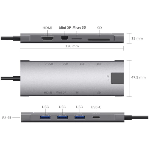 Адаптер Dynamode USB-C to HDMI 4K+Mini DisplayPort+ 3хUSB3.0+RJ45+USB-C Female+SD Grey: Интерфейс подключения USB-C