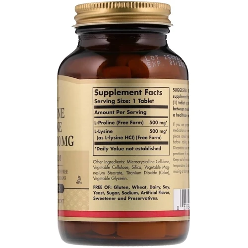 Solgar L-Proline/L-Lysine, Free Form, 500mg/500 mg, 90 Tablets: Тип Пролин
