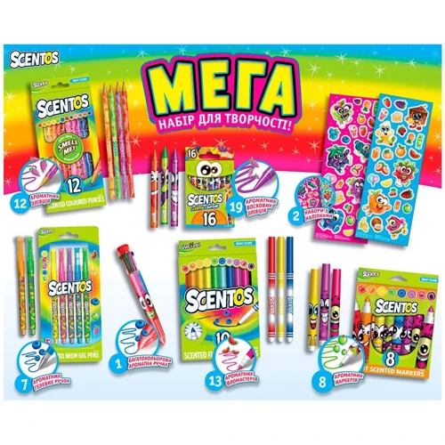 

Ароматный набор для творчества - МЕГАКРЕАТИВ (фломастеры, карандаши, ручки, маркеры, наклейки)