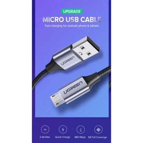 Кабель Ugreen Aluminum Braid USB Cable to microUSB 1m Black (60146): Тип USB Cable - microUSB