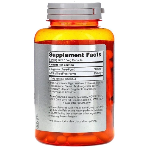 Now Foods Arginine Citrulline 500mg/250 mg Аргинин и цитруллин 120 вегетарианских капсул (CПОРТ)): Тип Аргинин