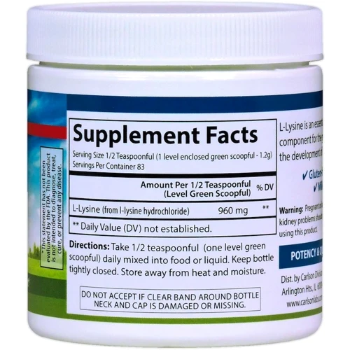 Carlson Labs L-Lysine Amino Acid Powder 3.53 oz (100 g) L-лизин, аминокислота в форме порошка: Форма выпуска Порошок