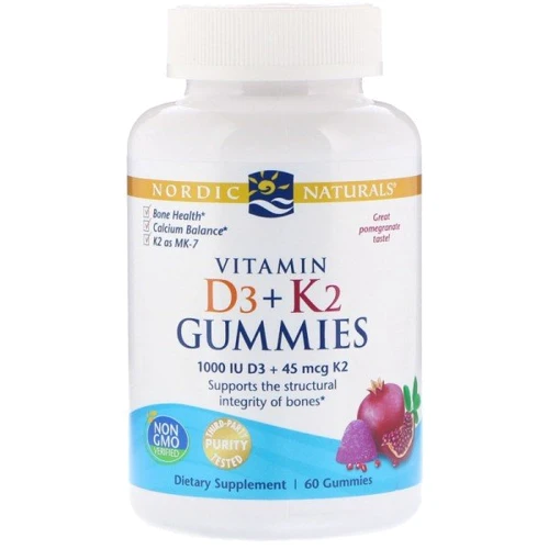 Nordic Naturals Vitamin D3 1000 IU + K2 45 mcg Gummies Pomegranate Витамин D3 и Витамин К2 со вкусом граната 60 жевательных конфет