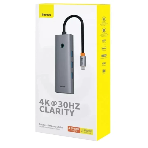 Адаптер Baseus Adapter UltraJoy Series USB-C to HDMI+3xUSB3.0+PD+RJ45 Gray (B00052802811-00) фото 7