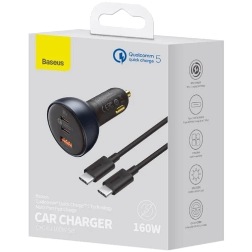 Зарядное устройство Baseus Car Charger USB+2хUSB-C Qualcomm Multi-Port 160W Gray with Cable (TZCCZM-0G): Количество USB-портов 3