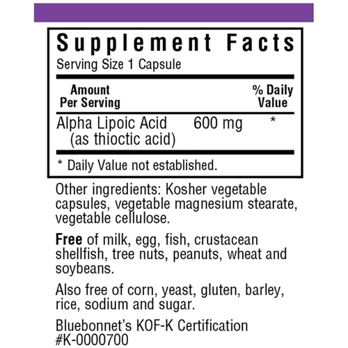 Bluebonnet Nutrition, Alpha Lipoic Acid, 600 mg, 30 Veggie Caps (855): Вид Ферментные