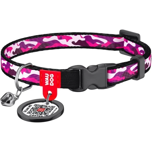 Ошейник для котов WAUDOG Nylon c QR паспортом Розовый камо пластиковый фастекс 10 ммx20-30 см (5273)
