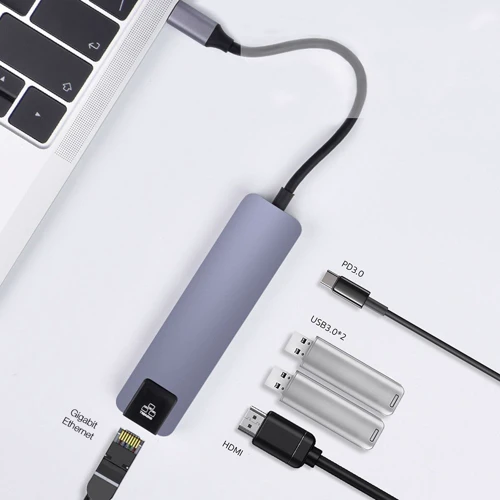 Адаптер COTEetCI Adapter USB-C to USB-C+2xUSB+HDMI+RJ45 Grey (MB1081): Цвет серый