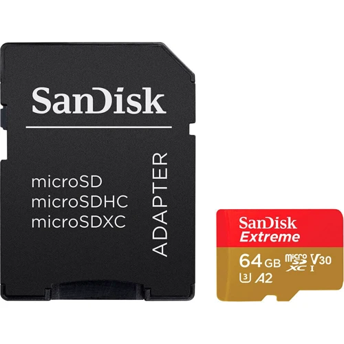 Карта памяти SanDisk 64GB microSD Class 10 UHS-I U3 A2 V30 Extreme for Action Cams and Drones + adapter (SDSQXAH-064G-GN6AA)