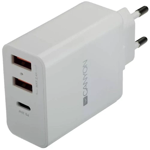 Зарядний пристрій Canyon Wall Charger USB-C+2xUSB H-08 30W White (CNE-CHA08W)