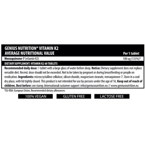 Genius Nutrition Vitamin K2 60 tabs / 60 servings: Пол Унисекс