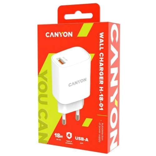 Зарядное устройство Canyon Wall Charger USB H-18-01 18W White (CNE-CHA18W): Кабель в комплекте отсутствует