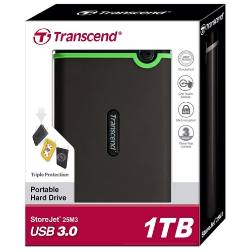 Внешний жесткий диск Transcend StoreJet 25M3 1TB Military Green (TS1TSJ25M3G): Объем памяти 1 ТБ