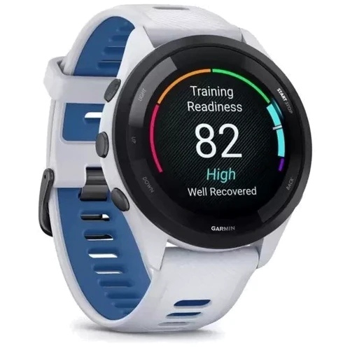 Смарт-годинник Garmin Forerunner 265 Black Bezel з Whitestone Case і Whitestone/Tidal Blue Silicone Band (010-02810-11): Час роботи до 13 дней (в режиме смарт-часов), до 20 часов (GPS), до 7 часов (GPS + музыка)