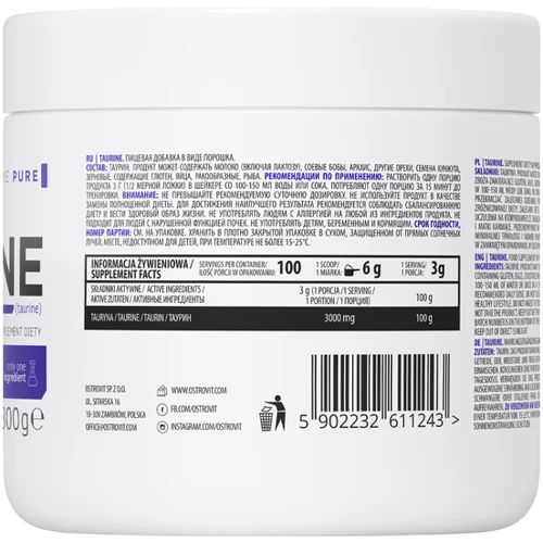 Аминокислота для спорта OstroVit Taurine 300 g (100 servings) Pure: Вкус Без вкуса
