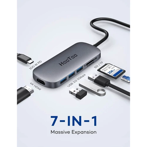 Адаптер HooToo USB-C to USB-C 100W + HDMI + 3xUSB 3.0 + SD Space Grey (HT-UC010): Колір сірий