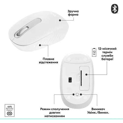 Мышь Logitech M196 Bluetooth White (910-007460): Вес 76 г