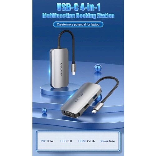 Адаптер Vention Adapter USB-C to HDMI+VGA+USB3.0+PD 100W (TOAHB): Цвет серебристый