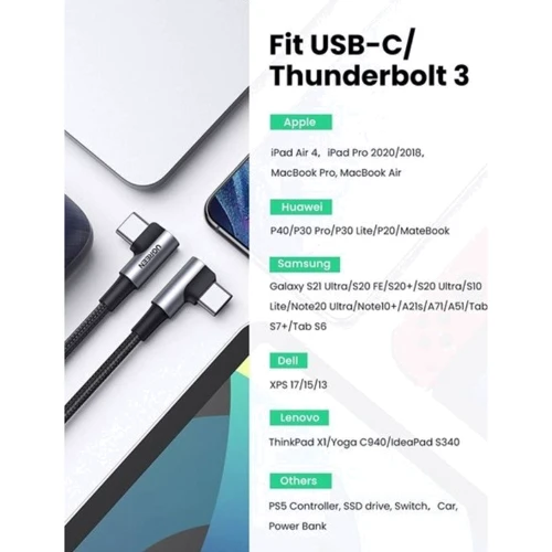 Кабель Ugreen Both Angled USB-C to USB-C 3A 1m Grey/Black (70529) фото 4