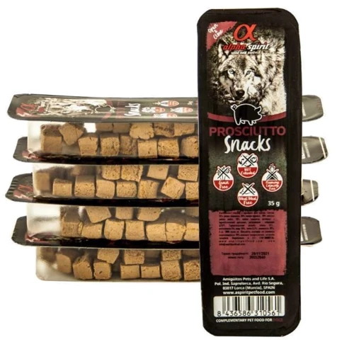 Лакомство для собак Alpha Spirit Snacks Prosciutto с прошуто кубики 35 г (as4001335): Свойства Для дрессировки