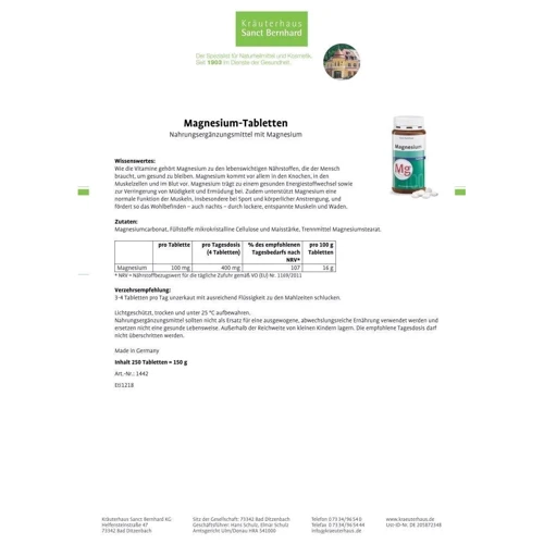 Sanct Bernhard Magnesium Магній 100 mg 250 таблеток: Тип магній