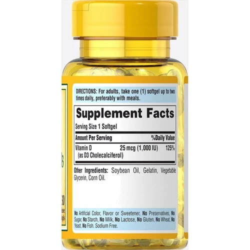 Puritan's Pride Vitamin D3 1000 IU Trial Size 30 Rapid Release Softgels Витамин D3: Форма выпуска Капсулы