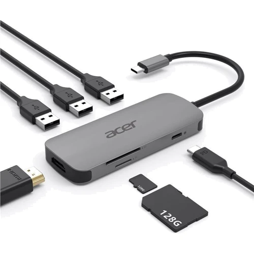 Адаптер Acer Adapter Dongle USB-C to USB-C+HDMI+3xUSB3.2+SD/TF Silver (HP.DSCAB.008)